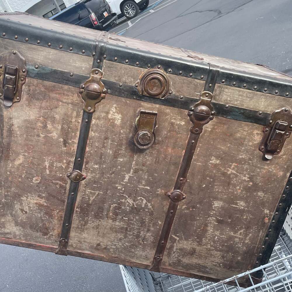 Antique Steamer Trunk, Metal Binding and Wood Slats